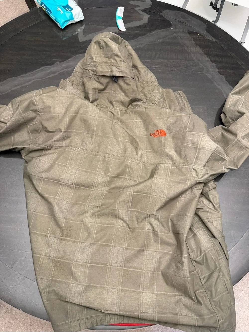 The North Face Olive Green Men's Hooded Jacket with Red Lining